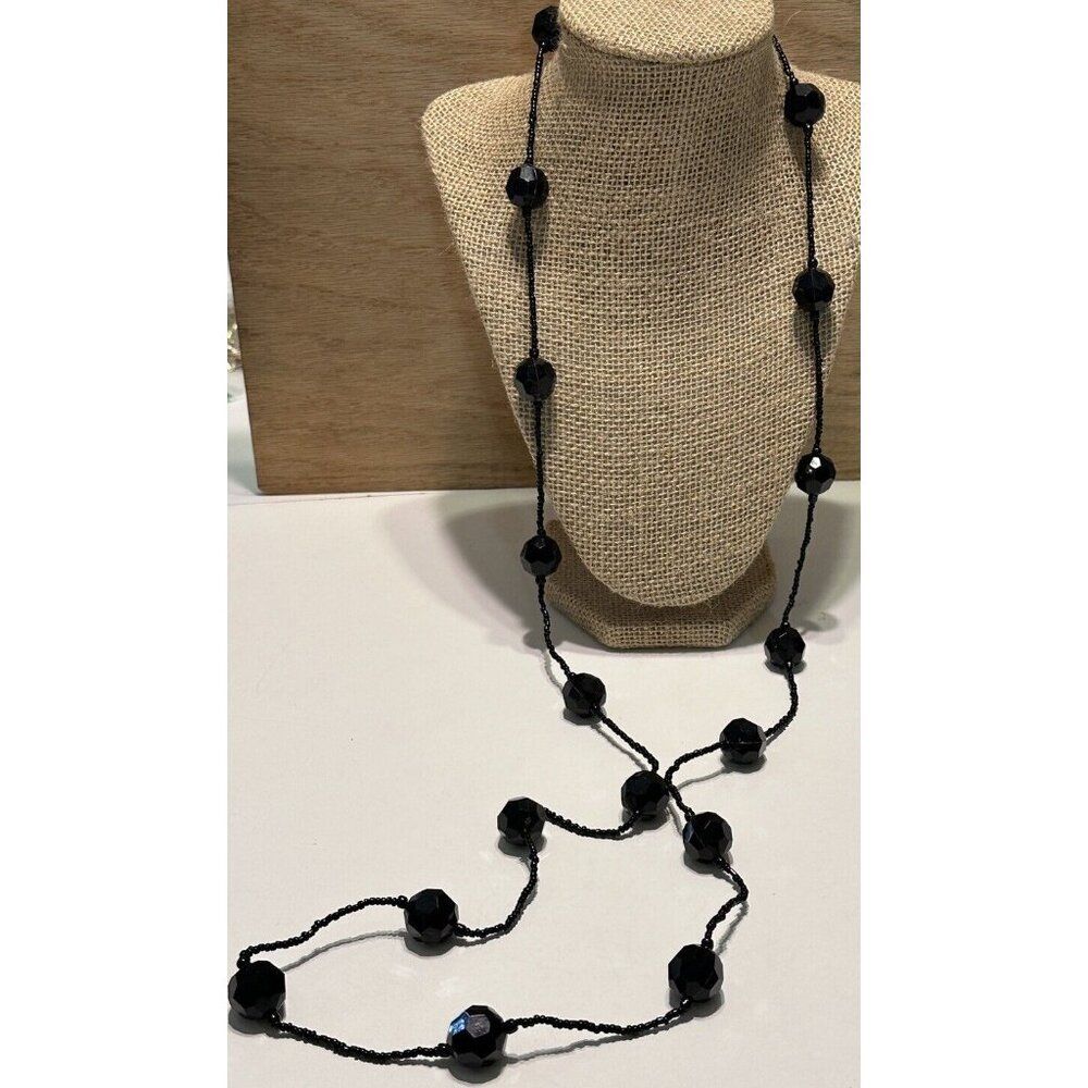 Black Multifaceted Beaded Orb Long Statement Necklace 48” Slipover Layering